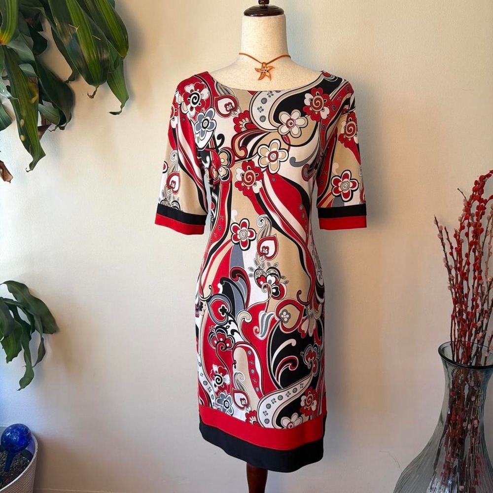 Karin Stevens Red Floral Paisley Shift Dress Half Sleeve Artsy 90s Vintage 12